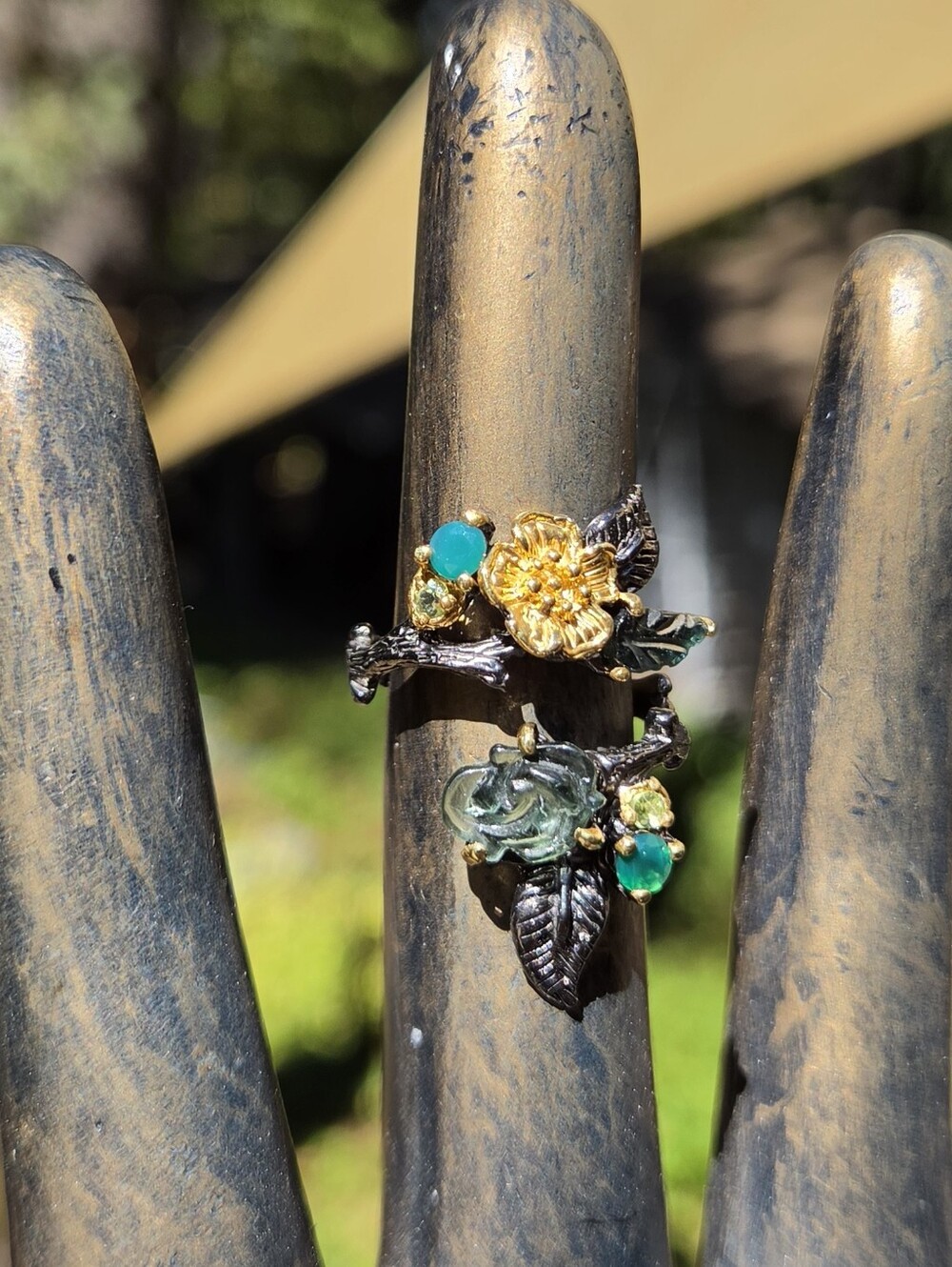 Tourmaline Peridot&Green Onyx Sterling Rhodium&Gold Floral Finger Cuff 6.25 - Picture 5 of 10